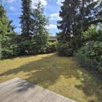Grüner Garten mit Holzterrasse und Bäumen im Hintergrund.
