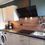 Küche mit Kochfeld, Spüle, Dunstabzug und Waschmaschine.