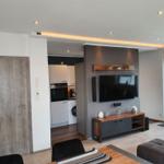 Wohnzimmer mit TV, Küchenbereich und Haustür