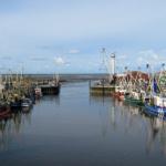 Hafen mit vielen Fischerbooten und einem Kräne im Hintergrund.
