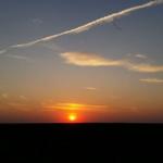 Sonnenuntergang mit Flugzeugspuren und Vögeln im Himmel.