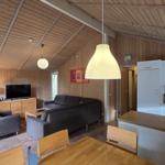 Wohn- und Küchenbereich mit Holzdecke und -wänden, Sofa, Fernseher und Kochfeld.