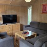 Wohnzimmer mit Sofa, Sessel, Fernseher und Holzmöbel.