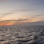 Sonnenuntergang über dem Meer mit Wellen und Horizont