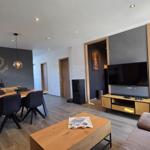 Wohnzimmer mit Essbereich, TV und Küche. Holzmöbel und moderne Beleuchtung.