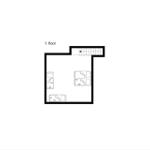 Erdgeschossplan mit Schlafzimmer, Wohnbereich und Treppenaufgang.