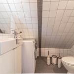 Badezimmer mit Waschmaschine, Toilette und Spiegel an schrägen Wänden.