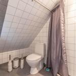 Badezimmer mit Toilette, Dusche und Waschmaschine unter Dachschräge.