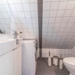 Badezimmer mit Waschmaschine, Toilette und Spiegel an geneigter Wand.