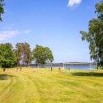 Grünes Feld mit Fußballtor am See, umgeben von Bäumen unter blauem Himmel.