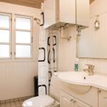 Badezimmer mit Toilette, Waschbecken und Dusche. Weiße Holzwände und Fenster.