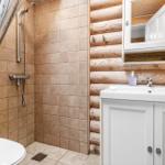 Bad mit Dusche, Toilette und Waschbecken an Holzwand