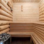 Holzsauna mit Sitzbänken und Steinbehälter.