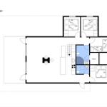 Stueplan zeigt Wohnbereich, Küche, Sauna und Schlafzimmer mit Betten.