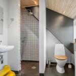 Bad mit Dusche, Toilette und Waschbecken unter Holzdecke