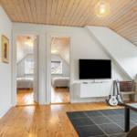Wohnbereich mit Fernseher und Blick in Schlafzimmer. Holzdecke und -boden.