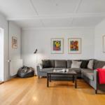 Wohnzimmer mit grauem Sofa, Holzboden und Fenster zur Grünfläche.
