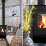 Wood-burning stove with logs and seating in the living area.