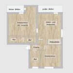 Wohnung mit zwei Schlafzimmern, Wohn-Essbereich, Küche und zwei Balkonen.