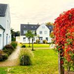 Weißes Haus mit Garten und rotem Busch im Vordergrund.