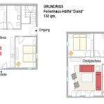 Grundriss zeigt Erd- und Obergeschoss mit Terrasse und Schlafzimmern.