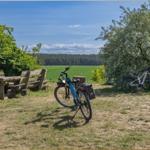 Zwei Fahrräder stehen im Freien neben einer Holzbank und einem grünen Feld.