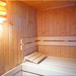 Sauna mit Holzwand, Sitzbank und Holzwaschbecken.