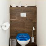 Toilette mit blauem Sitz, Holzwand und Toilettenpapierhalter.