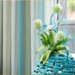 Blauer Vase mit Pflanze und Dekoration vor Fenster