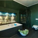Bad mit Badewanne, Dusche und Toilette. Wandbild zeigt Strandlandschaft.