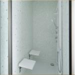 Dusche mit Glaswand, Mosaikfliesen und zwei Sitzbänken