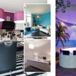 Küche mit Essbereich, Wohnzimmer, Schlafzimmer und Whirlpool mit Strandmotiv.