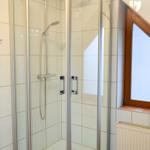 Duschkabine mit Glaswand und Duschkopf. Fenster und Heizung sind sichtbar.