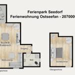 Ferienwohnung mit Wohnzimmer, Küche, Schlafzimmer und Bad. Balkon und Eingang vorhanden.