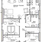 Wohnung mit Küche, Schlafzimmer, Bad und Flur. Flächenangaben eingezeichnet.