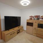 Wohnzimmer mit TV und Holzmöbeln. Drei Kissen mit Rindern stehen auf einem Schrank.