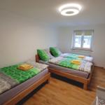 Zimmer mit zwei Betten, Holzboden und Fenster. Bettwäsche grün-weiß gemustert.