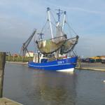 Blauer Fischerboot mit Netzen liegt im Hafen. Im Hintergrund sind Autos und ein Leuchtturm zu sehen.