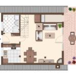 Wohnung mit Küche, Essbereich, Schlafzimmer und Bad. Außenbereich mit Tisch und Blumen.