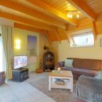 Wohnzimmer mit Holzdecke, Sofa, Fernseher und Kaminofen.