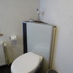 Toilette mit WC-Kabine, Papierhalter und kleinen Dekorationsgegenständen.