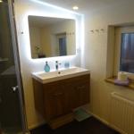 Badezimmer mit Waschbecken, Spiegel und Dusche.