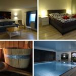 Wohnzimmer mit Sofa, Schlafzimmer mit Bett, Holzbadewanne und Innenpool.