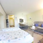 Zimmer mit Bett, Sofa, Tisch und Küchenbereich im Hintergrund.