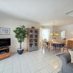 Living and dining area with TV, dining table, and plant.