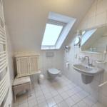 Bathroom with shower, toilet, and sink under sloped ceiling.