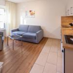 Wohnbereich mit Sofa, Sessel und Küchenzeile mit Arbeitsplatte.