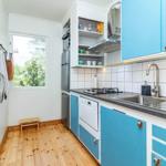 Küche mit blauen Schränken, Edelstahlgeräten und Holzboden.