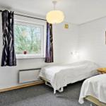 Two beds, window with curtains, pendant light, and wall art.