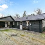 Schwarzes Holzhaus mit weißer Tür und Fenstern, Grillplatz und Holzstapel im Garten.